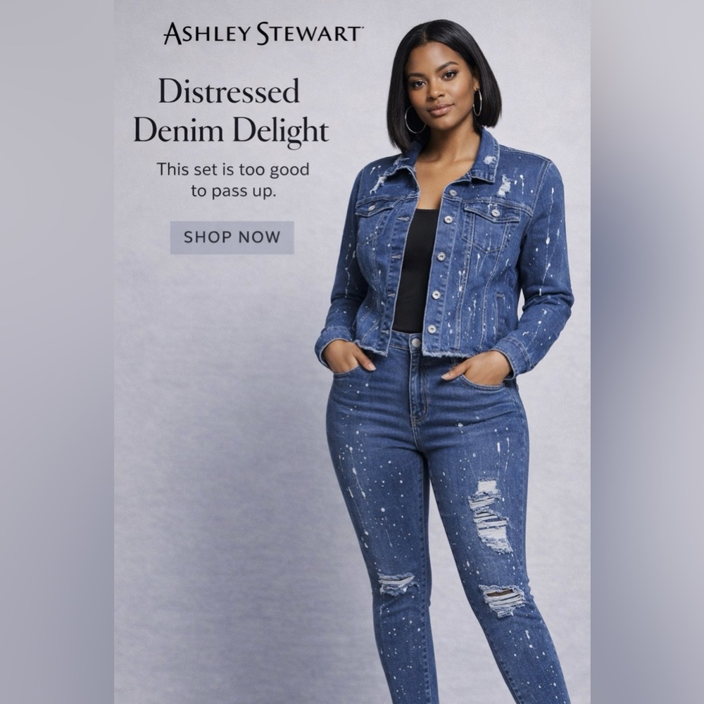 🌟 Ashley Stewart Distressed Blue Denim Jacket and Jeans Set